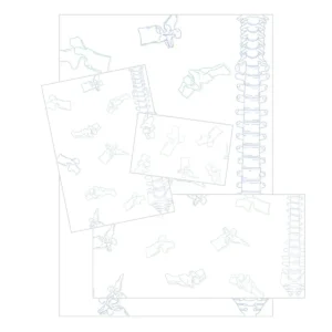 Geschäftsaustattung in verschiedenen Formaten (Briefpapier, Visitenkarte, A6-Zettel) mit grau-blauen Wirbelsäulen-Motiven.