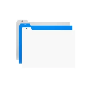 Registerkarten aus Kunststoff in grau, blau und weiß leicht versetzt übereinander gelegt. Der Buchstaben auf dem Register ist jeweils ein A.