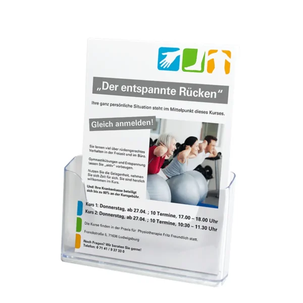 Magazin aus transparentem Kunststoff, in dem ein Muster-Flyer im DIN A4-Format steht.