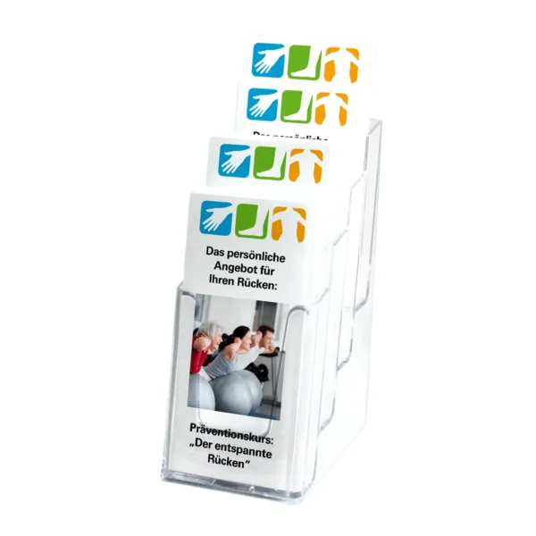 Magazin aus transparentem Kunststoff mit vier leicht nach oben versetzten Fächern, in denen jeweils beispielhafte Flyer im DIN lang-Format für einen Rückenkurs stehen.