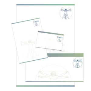 Geschäftsaustattung in verschiedenen Formaten (Briefpapier, Visitenkarte, A6-Zettel) mit grün-blauem Verlauf entlang der oberen Seite und dem Motiv des Vitruvianischer Mensch oben rechts in blau und weniger deckend in der Mitte der Seiten.