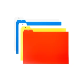 Registerkarten aus Kunststoff mit dem Buchstaben A auf der Lasche in den Farben grau, blau, weiß, gelb und rot leicht versetzt vor einem weißen Hintergrund.