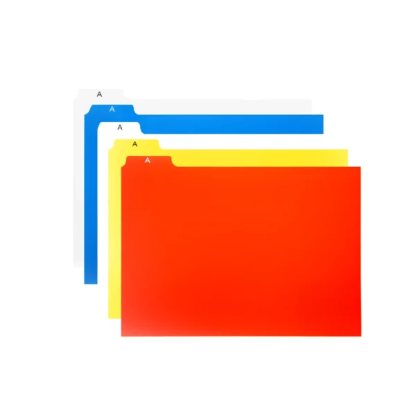Registerkarten aus Kunststoff mit dem Buchstaben A auf der Lasche in den Farben grau, blau, weiß, gelb und rot leicht versetzt vor einem weißen Hintergrund.