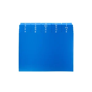 Registerkarten aus Kunststoff, blau mit einem Register oben mit weißen Buchstaben.