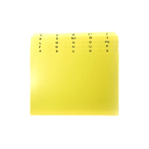 Registerkarten aus Kunststoff in gelb mit einem Register auf dem die Buchstaben A-Z in schwarz aufgedruckt sind.