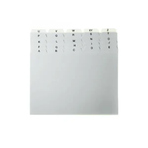 Registerkarten aus Kunststoff in grau mit einem Register auf dem die Buchstaben A-Z in schwarz aufgedruckt sind.