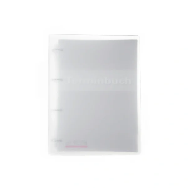 Ringbuch mit transparentem Umschlag durch den eingeheftete Blätter zu sehen sind. Das Deckblatt hat die Aufschrift "Terminbuch".