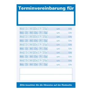 Blauer Terminzettel mit 10 Zeilen, in denen links Felder mit den Wochentagen zum Ankreuzen und rechts ein Datumsfeld und ein Feld für die Uhrzeit ist sind.
