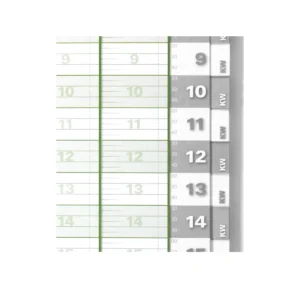 Detailansicht des Registers eines Wochen-Terminbuchs mit Spiralbindung und 2 Spalten. Links mit grüner Umrandung und Schrift die Stunden aufgeteilt in 20 Minuten-Blöcke, rechts graue Registerkarten mit der Aufschrift KW.