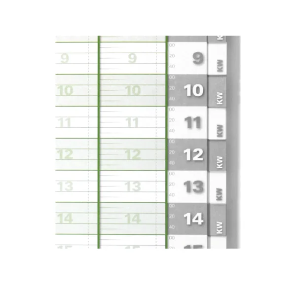 Detailansicht des Registers eines Wochen-Terminbuchs mit Spiralbindung und 2 Spalten. Links mit grüner Umrandung und Schrift die Stunden aufgeteilt in 20 Minuten-Blöcke, rechts graue Registerkarten mit der Aufschrift KW.