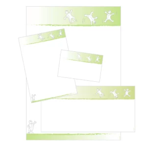 Verschiedene Formate von Geschäftsausstattung wie Briefpapier, Visitenkarten und Zettel im Design "Active Grün" mit springenden Comicfiguren auf einem grünen Streifen am oberen Seitenrand.