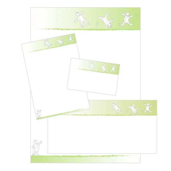 Verschiedene Formate von Geschäftsausstattung wie Briefpapier, Visitenkarten und Zettel im Design "Active Grün" mit springenden Comicfiguren auf einem grünen Streifen am oberen Seitenrand.