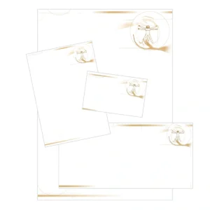 Verschiedene Formate von Geschäftsausstattung wie Briefpapier, Visitenkarten und Zettel im Design "Leonardo Braun" mit abstrakten Kreisen und Balken und einer Abbildung des Vitruvianischer Mensch in braun/beigen Streifen am oberen Seitenrand.