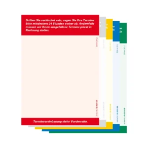 Rückseiten der Terminzettel in rot, grau, gelb, blau und grün. Die Terminzettel liegen leicht nach rechts unten versetzt übereinander.