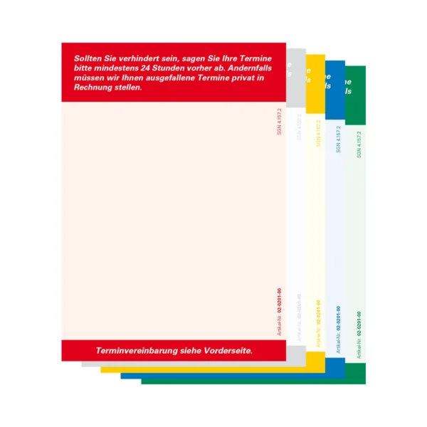 Rückseiten der Terminzettel in rot, grau, gelb, blau und grün. Die Terminzettel liegen leicht nach rechts unten versetzt übereinander.