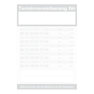 Grauer Terminzettel mit 10 Zeilen, in denen links Felder mit den Wochentagen zum Ankreuzen und rechts ein Datumsfeld und ein Feld für die Uhrzeit ist sind.