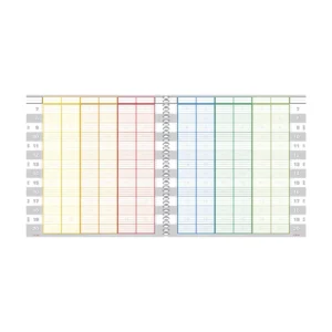 Aufgeklapptes Tages-Terminbuch mit Spiralbindung, 15 Minuten Zeit-Einteilung und 12 Spalten, die jeweils paarweise gefärbt sind (gelb, orange, rot, blau, grün, hellgrün). Am Rand sind die Stunden von 7 bis 20 Uhr in grauen und weißen Zellen und ein Register von MO bis SA abgebildet.