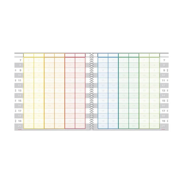 Aufgeklapptes Tages-Terminbuch mit Spiralbindung, 15 Minuten Zeit-Einteilung und 12 Spalten, die jeweils paarweise gefärbt sind (gelb, orange, rot, blau, grün, hellgrün). Am Rand sind die Stunden von 7 bis 20 Uhr in grauen und weißen Zellen und ein Register von MO bis SA abgebildet.