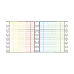 Aufgeklapptes Wochenterminbuch mit 4 Lochungen zum Einheften und 2 Spalten. Auf der linken Buchseite sind die Spalten für die Tage Montag bis Mittwoch in gelb, orange und rot umrandet. Auf der rechten Buchseite für die Tage Donnerstag, Freitag und Samstag in blau, dunkelgrün und hellgrün. Die Stunden sind zeilenweise von 7-20 Uhr abgebildet und haben eine 10-minütige Einteilung.