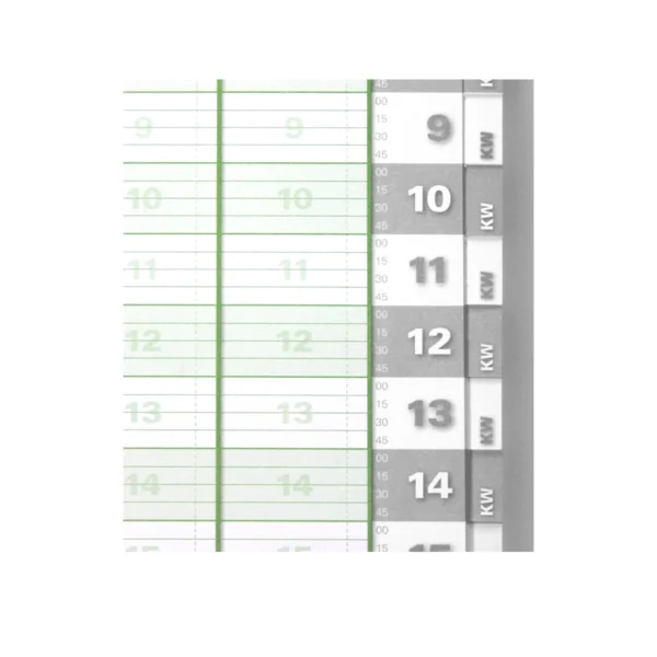 Detailansicht des Registers eines Wochen-Terminbuchs und 2 Spalten. Links mit grüner Umrandung und Schrift die Stunden aufgeteilt in 15 Minuten-Blöcke, rechts graue und weiße Registerkarten mit der Aufschrift KW.
