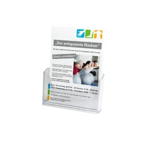 Transparentes Magazin für DIN A5-Flyer in dem ein beispielhaftes Infoblatt "Der entspannte Rücken" steht.