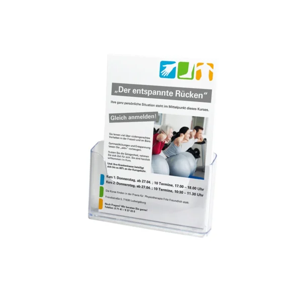Transparentes Magazin für DIN A5-Flyer in dem ein beispielhaftes Infoblatt "Der entspannte Rücken" steht.