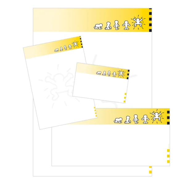 Geschäftsausstattung in verschiedenen Formaten (DIN A4, Zettel, Visitenkarten) mit gelbem Design-Element, mit weißen Männchen: links kniet es auf dem Boden, rechts springt es.