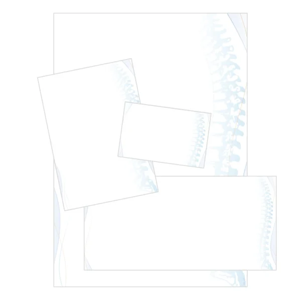 Geschäftsausstattung in verschiedenen Formaten (A4, A6-Zettel, Visitenkarte) mit einer blauen Wirbelsäule als Design-Element am rechten Rand.