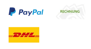 Das Logo von PayPal neben einem Schriftzug "Rechnung", darunter ist ein DHL-Logo.